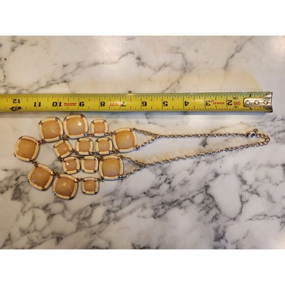 Susan Graver Statement Necklace Double Layer Beige & Gold Tone Geometric Design - Picture 4 of 4